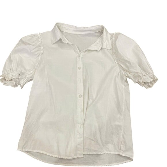 Tops - White Short Sleeve Puff Blouse with Button Front